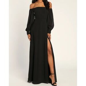Lulus Feel the Romance Black Off The Shoulder Long Sleeve Maxi Dress size M